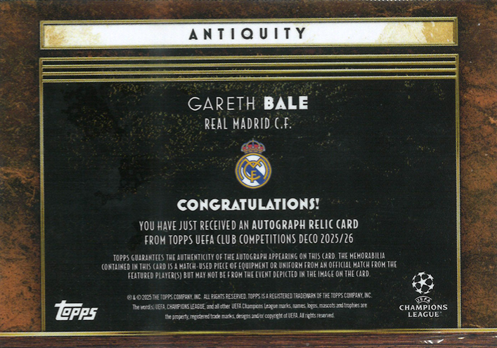 Gareth Bale Auto Relic Topps DECO Antiquity 15/25