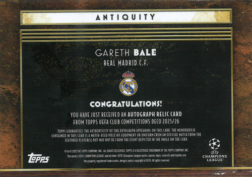 Gareth Bale Auto Relic Topps DECO Antiquity 15/25